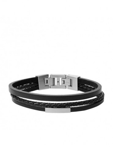 FOSSIL Bracelet multi-rangs en cuir noir et acier argenté