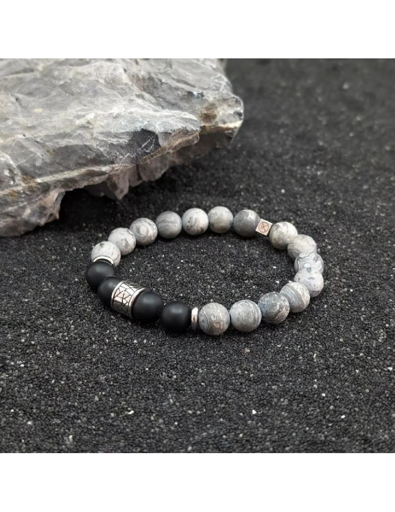 IKOBA Bracelet Jaspe Paysage Gris Dépoli & Agate Noire