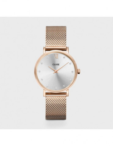 CLUSE Montre Minuit Mesh Rose Gold Crystals Silver