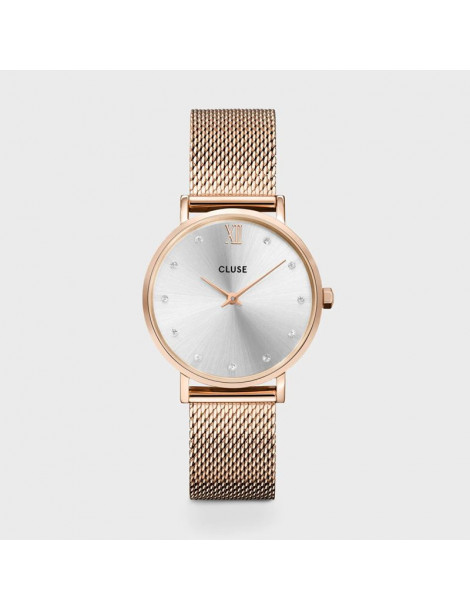 CLUSE Montre Minuit Mesh Rose Gold Crystals Silver