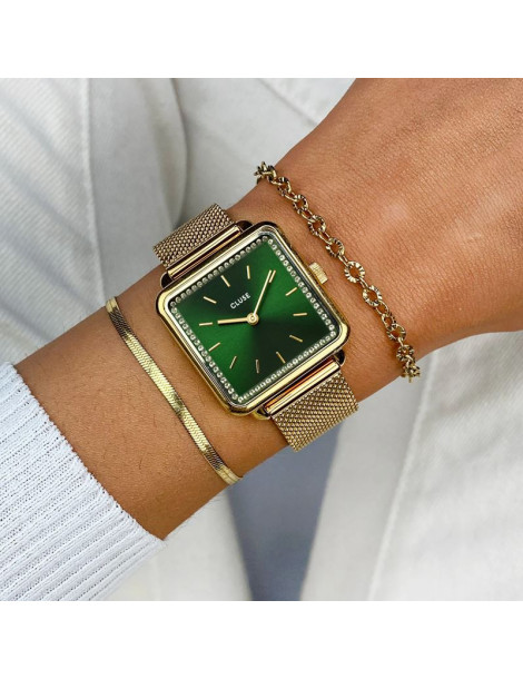 CLUSE Montre Tétragone Mesh Gold Stones Green