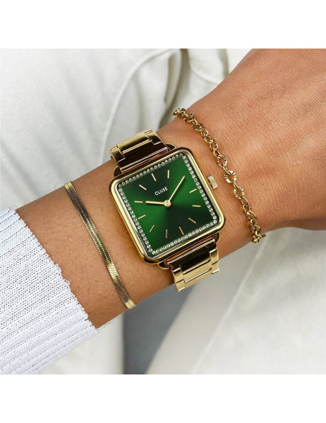 CLUSE Montre Tétragone Steel Gold Stones Green