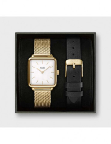 CLUSE Gift Box Tétragone Mesh Gold & Leather Strap Black