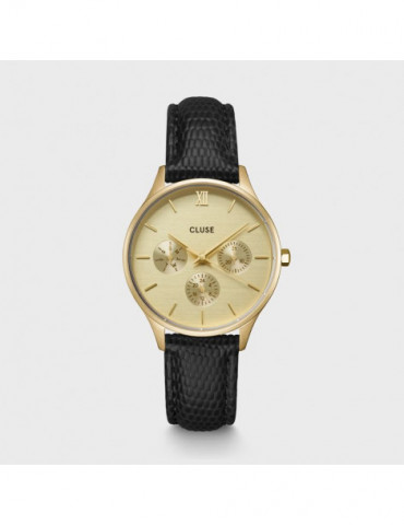 CLUSE Montre Minuit Multifunction Leather Black Lizard Gold