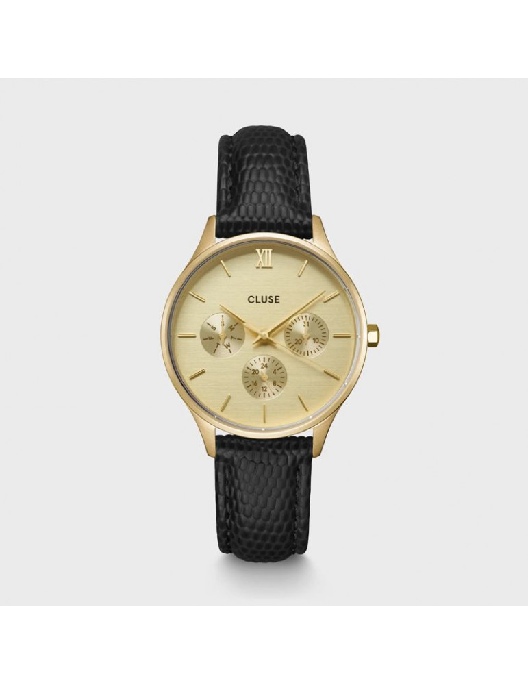 CLUSE Montre Minuit Multifunction Leather Black Lizard Gold