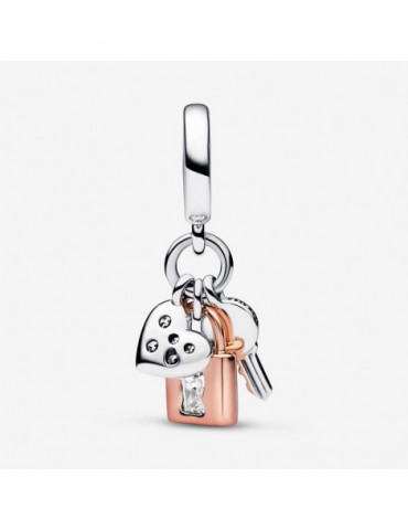 PANDORA Charm Pendant Triple Clé, Cadenas et Cœur Bicolore