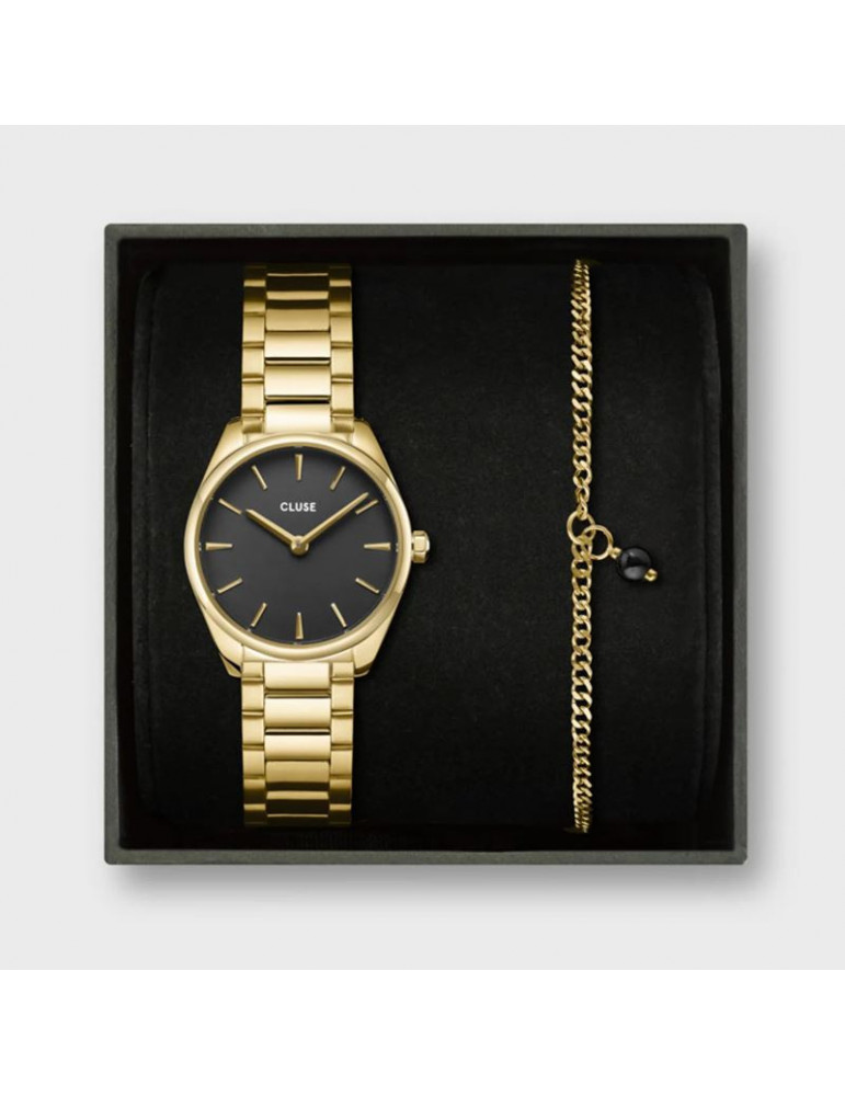 CLUSE Gift Box Féroce Mini Black & Chain Bracelet Gold