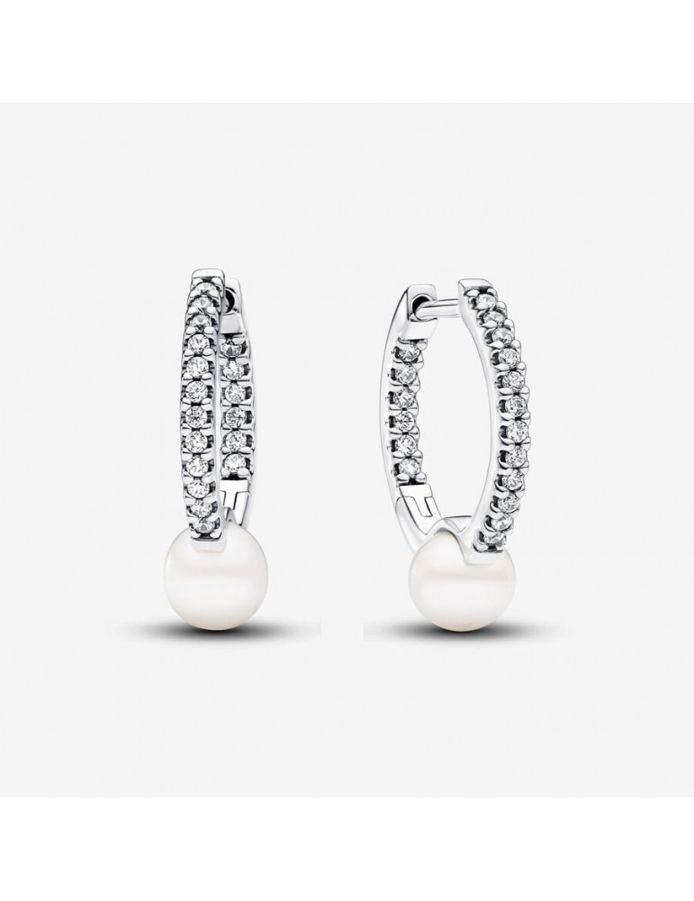 PANDORA Créoles Perle de Culture d'Eau Douce Traitée & Pavé PANDORA Créoles Perle de Culture d'Eau Douce Traitée & Pavé