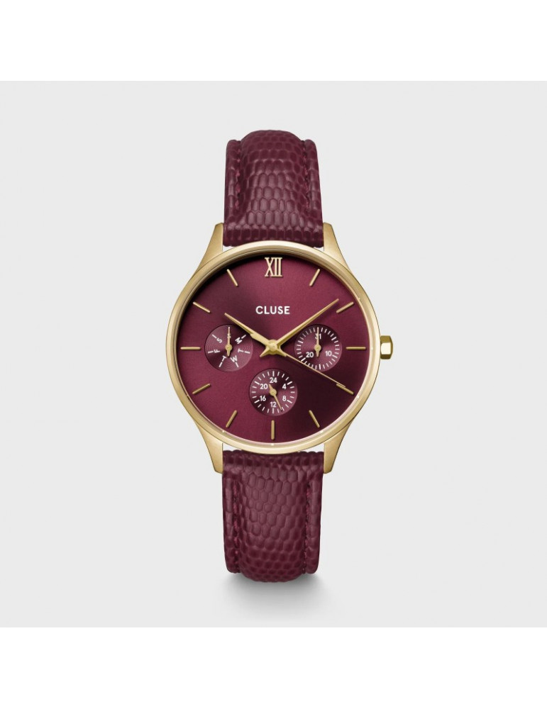CLUSE Montre Minuit Multifunction Leather Dark Cherry Lizard Gold