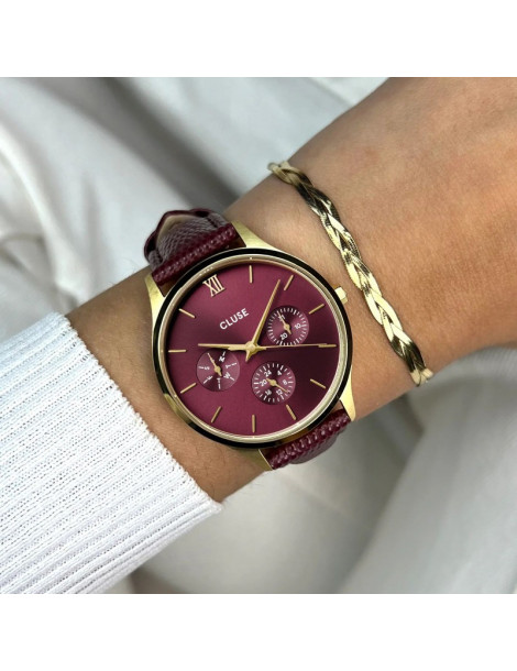 CLUSE Montre Minuit Multifunction Leather Dark Cherry Lizard Gold