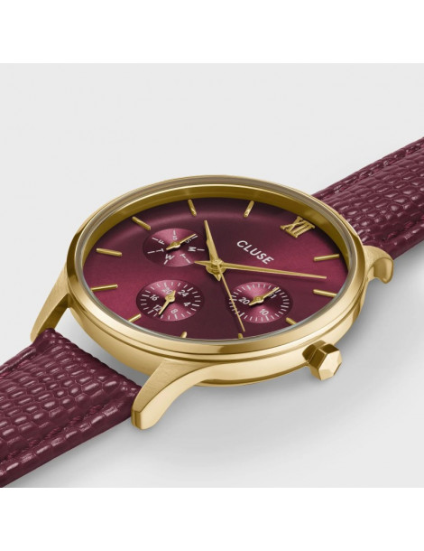 CLUSE Montre Minuit Multifunction Leather Dark Cherry Lizard Gold