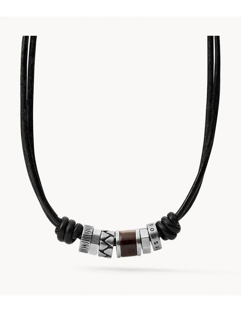 FOSSIL Collier cuir et perles d'acier