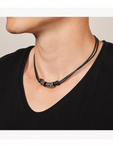 FOSSIL Collier cuir et perles d'acier