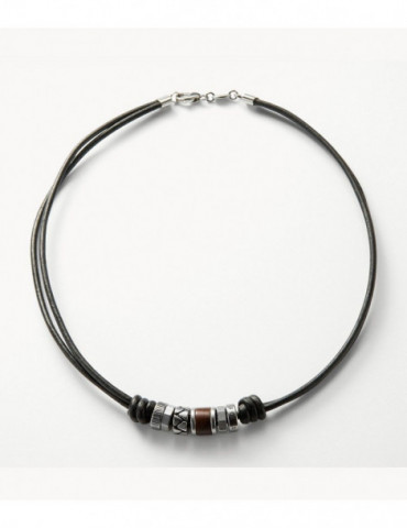 FOSSIL Collier cuir et perles d'acier