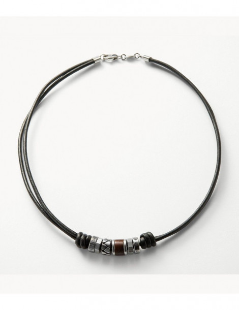 FOSSIL Collier cuir et perles d'acier